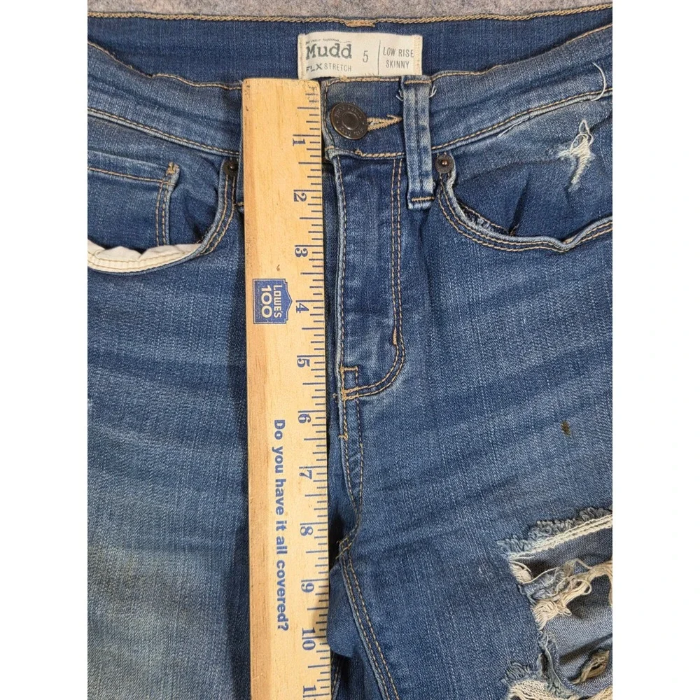 Y2K Mudd FLX Stretch Low Rise Skinny Jeans Medium Wash Distressed Denim Womens 5 - Picture 10 of 15